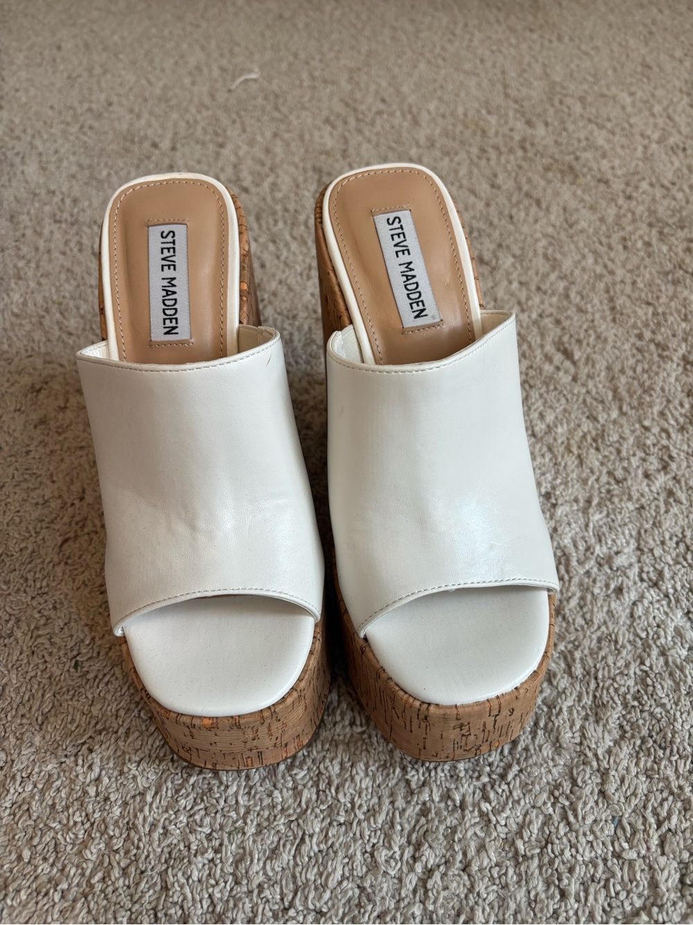 Steve Madden White Leather Cork Platform Slides